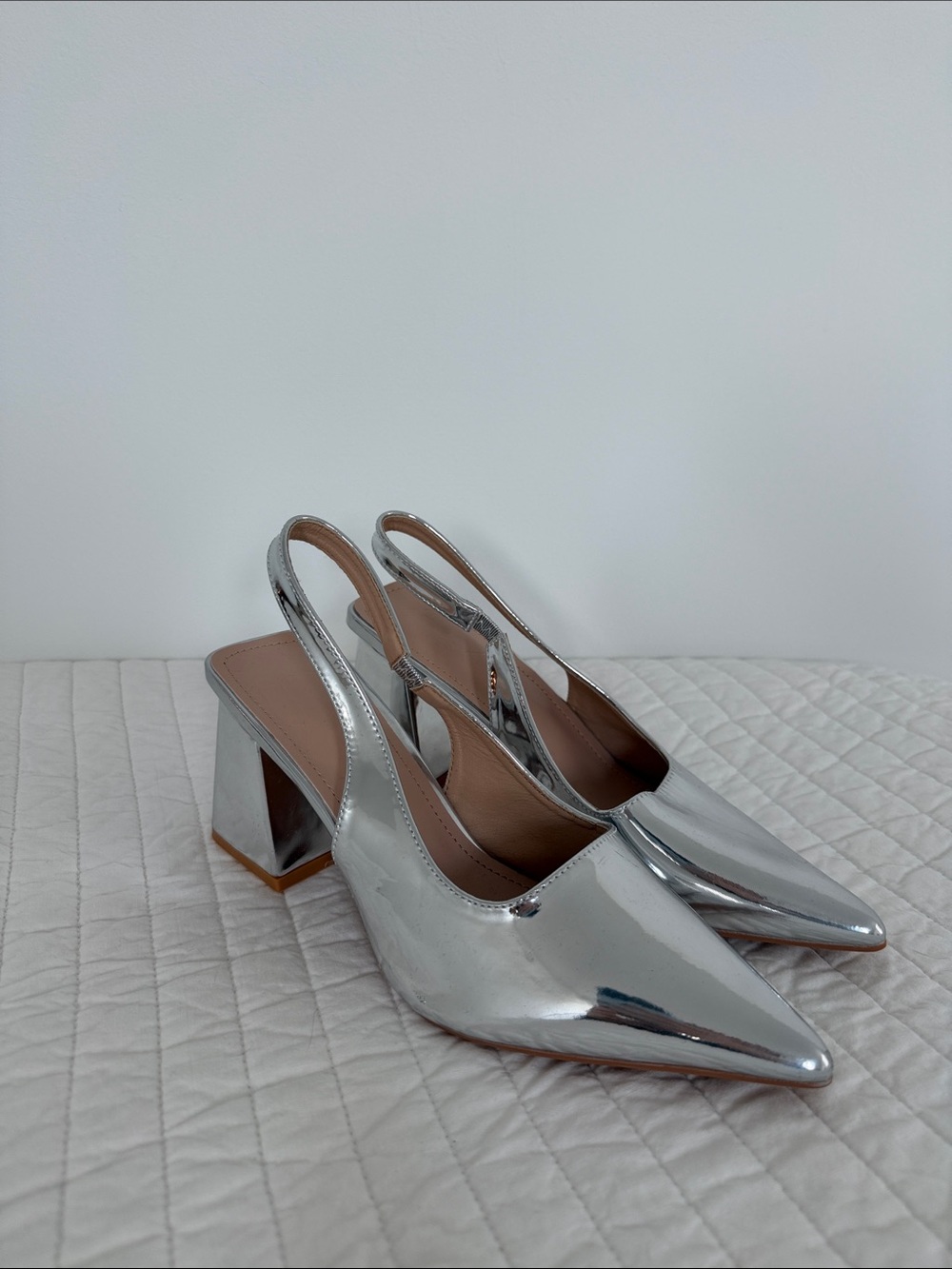 Silver Pointed Slingback Block Heel Women’s Pumps